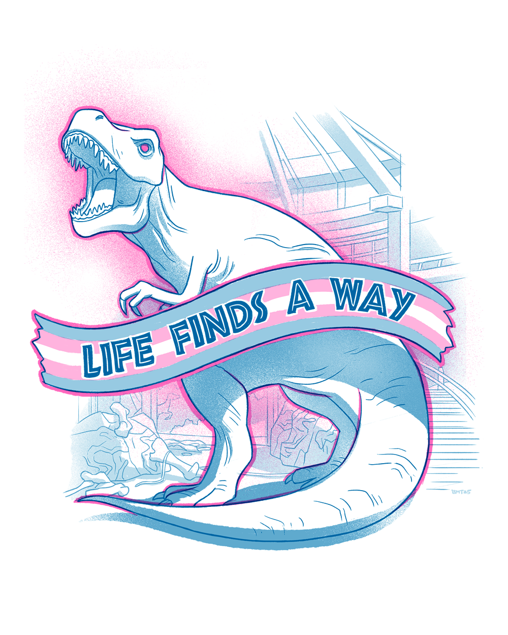 blue and pink illustration of a t-rex posed in homage to the iconic scene in jurassic park, with the banner reading 'life finds a way' in the trans flag colors