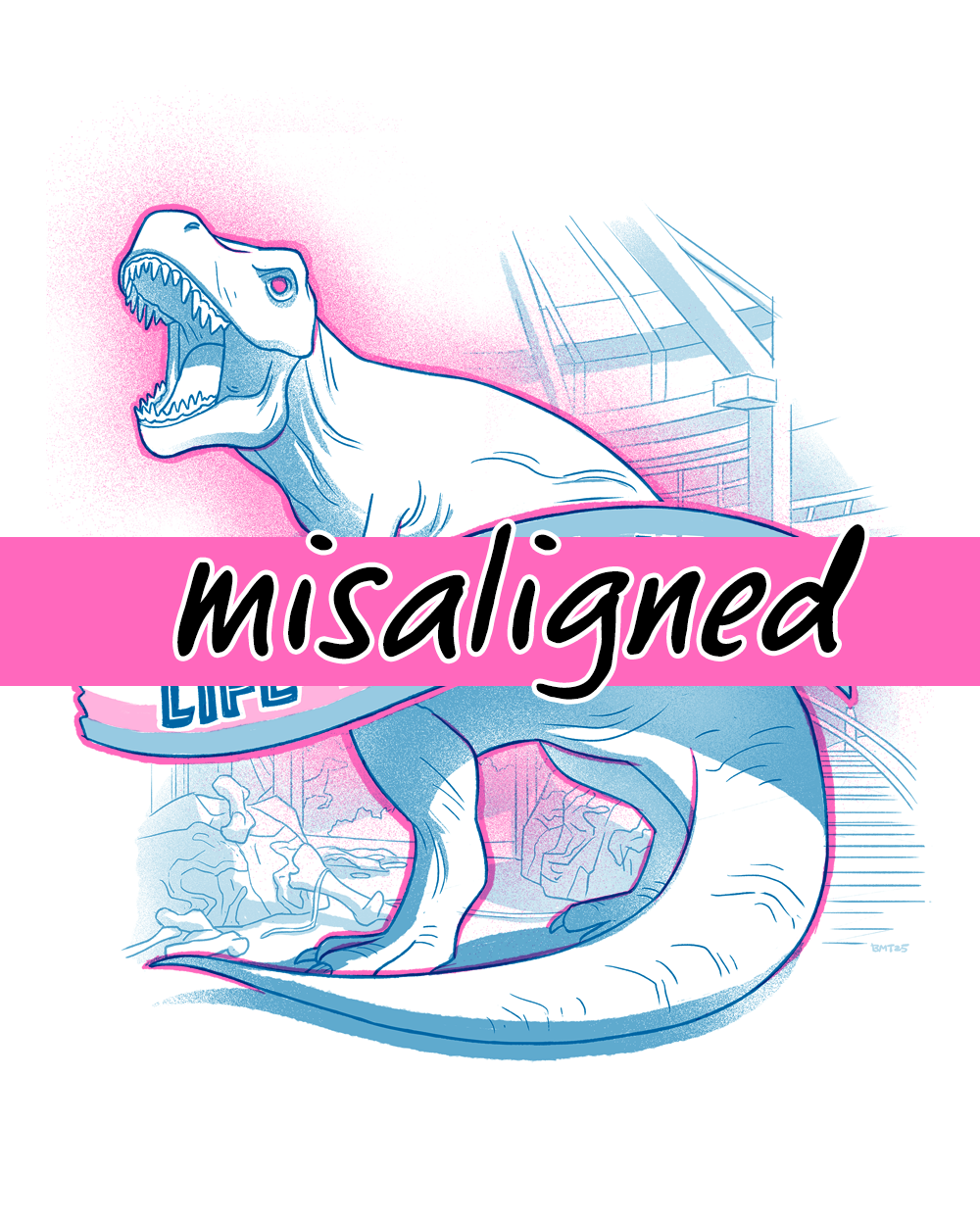 blue and pink illustration of a t-rex posed in homage to the iconic scene in jurassic park, with the banner reading 'life finds a way' in the trans flag colors