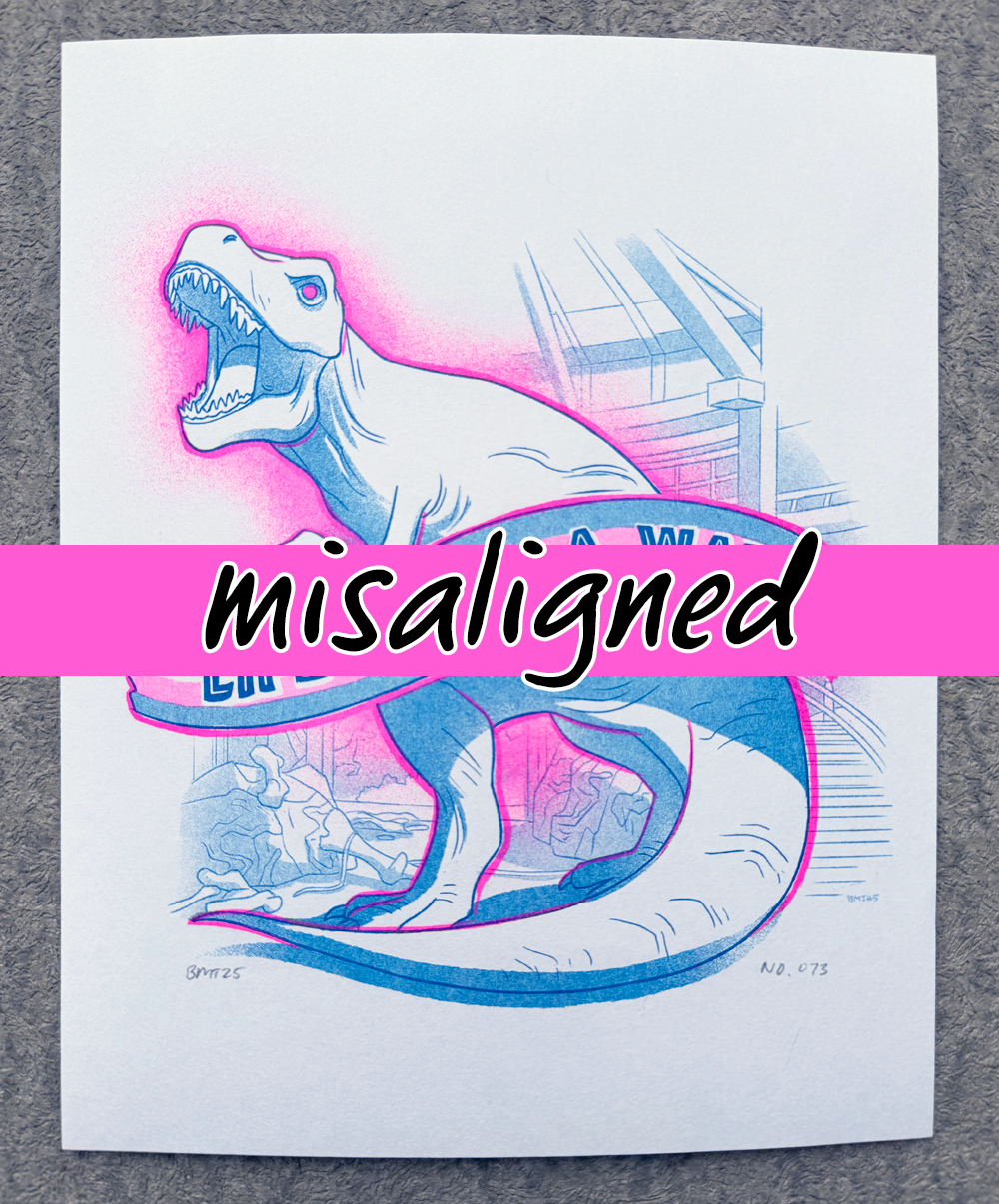 blue and fluorescent pink risograph print of a t-rex posed in homage to the iconic scene in jurassic park, with the banner reading 'life finds a way' in the trans flag colors