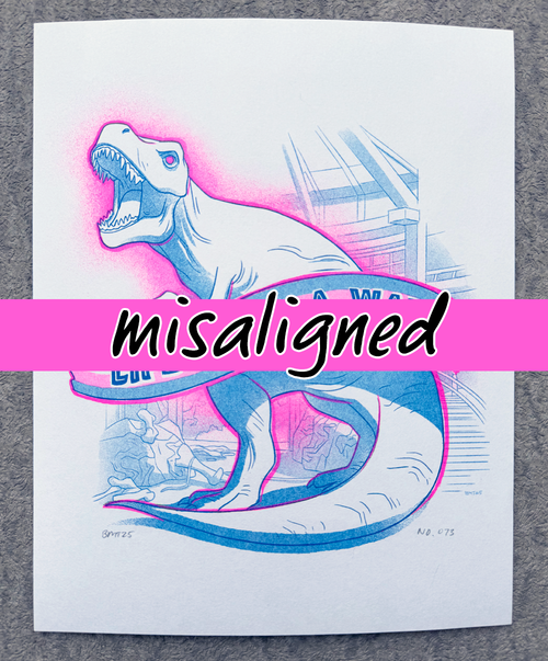 blue and fluorescent pink risograph print of a t-rex posed in homage to the iconic scene in jurassic park, with the banner reading 'life finds a way' in the trans flag colors